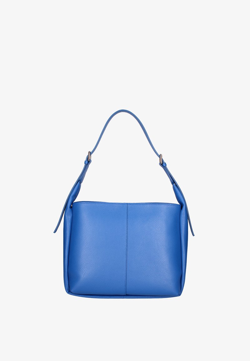 Borsa a tracolla in pelle blu con texture liscia, forma rettangolare, cinturino singolo e dettagli di cucitura discreti sul davanti.