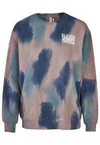 Felpa tie-dye in tonalità di blu, verde e morbidi toni terra. Presenta un colletto tondo e un logo bianco sul petto. Realizzata in morbido cotone.