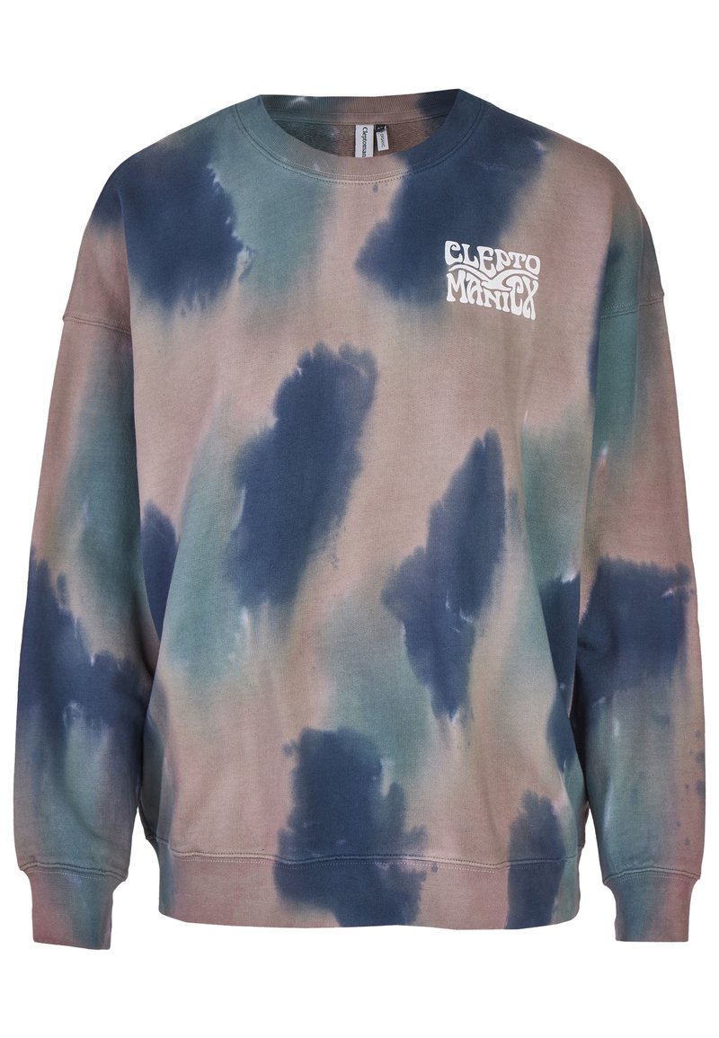 Felpa tie-dye in tonalità di blu, verde e morbidi toni terra. Presenta un colletto tondo e un logo bianco sul petto. Realizzata in morbido cotone.