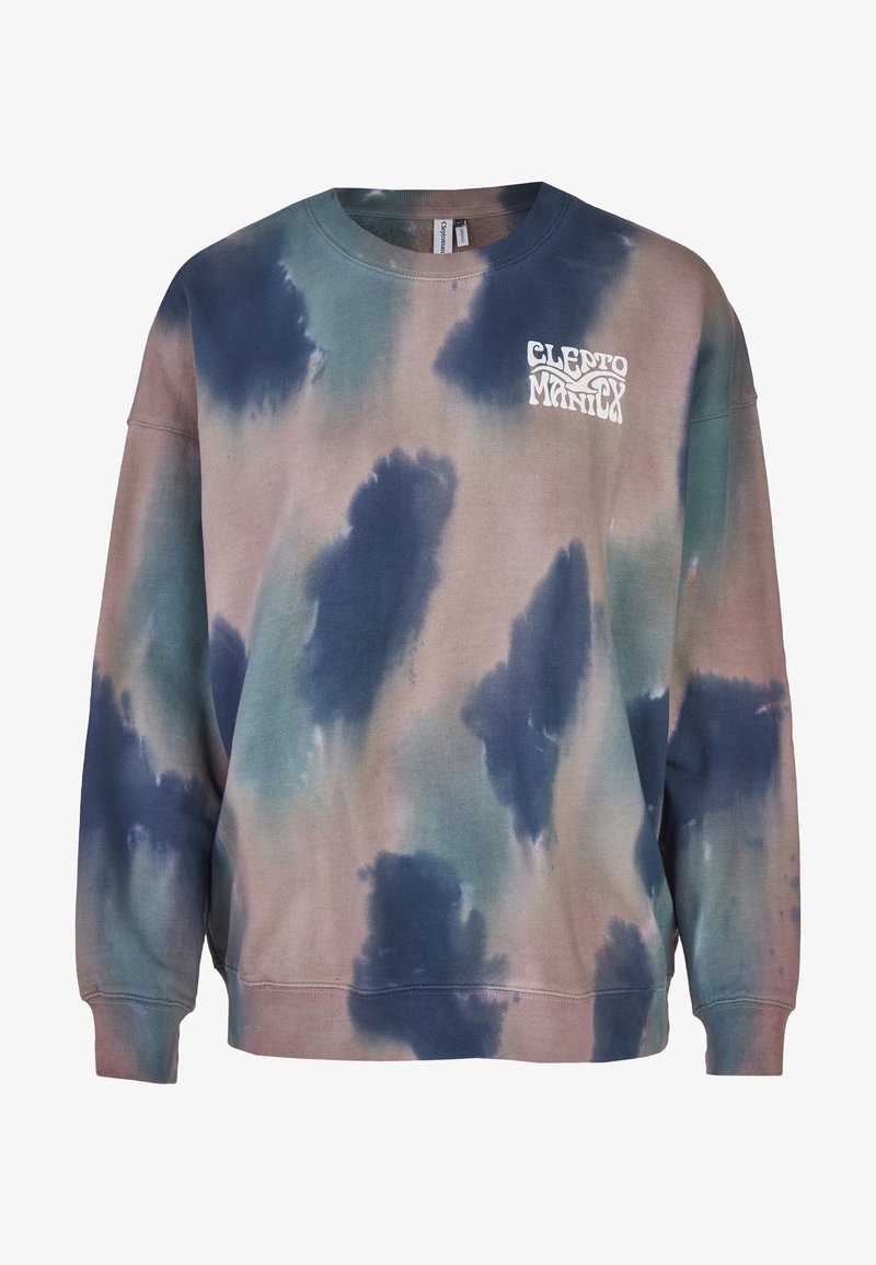 Felpa tie-dye in tonalità di blu, verde e morbidi toni terra. Presenta un colletto tondo e un logo bianco sul petto. Realizzata in morbido cotone.