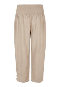 Lněné zkrácené kalhoty v světle béžové barvě, s pružným pasem, volným střihem a knoflíkovými detaily na lemu pro nastavitelnou délku.