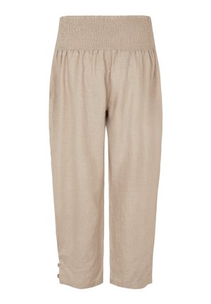 Lniane spodnie o długości do połowy łydki w jasnobeżowym kolorze, z marszczoną gumą w pasie, luźnym fasonem i guzikowymi zdobieniami przy nogawkach umożliwiającymi regulację długości.