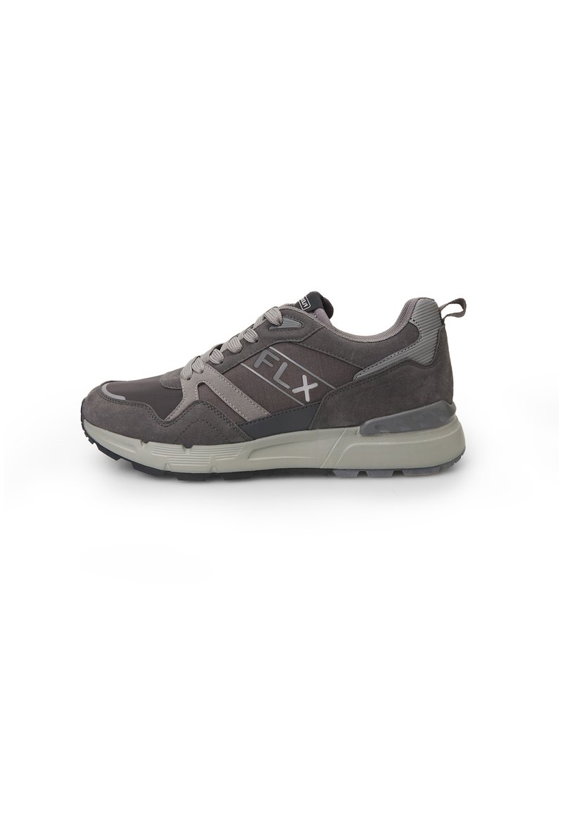 Gray athletic sneaker with a suede and mesh upper, features a textured sole, laces, and "FLX" logo on the side.