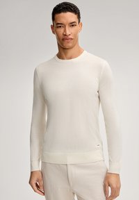 Maglione beige chiaro a maniche lunghe con scollo rotondo, realizzato in tessuto morbido. Presenta polsini e orlo a coste, con un dettaglio di branding minimo.