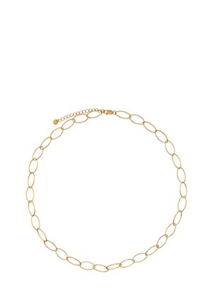 Collana a catena d'oro con maglie ovali allungate e chiusura regolabile su sfondo bianco.