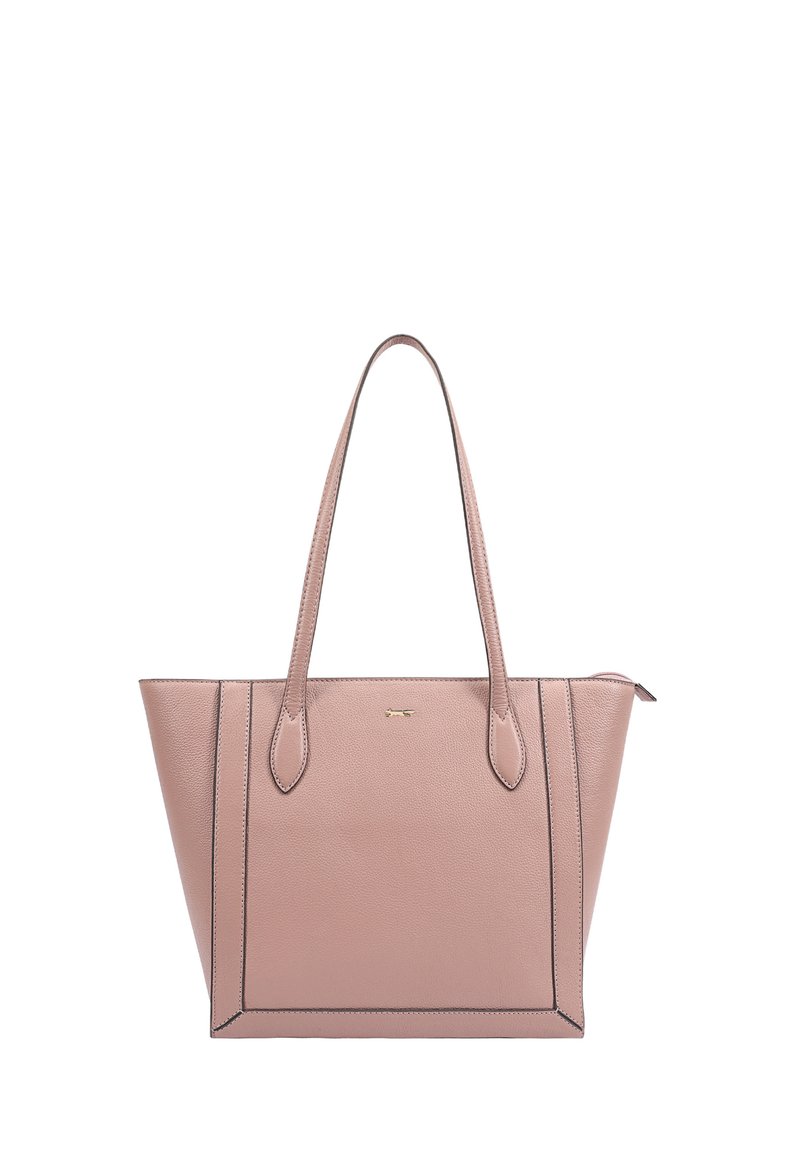 Sac fourre-tout en cuir rose avec de fines coutures sombres, deux poignées et une fermeture éclair. Design simple et structuré avec une texture lisse.