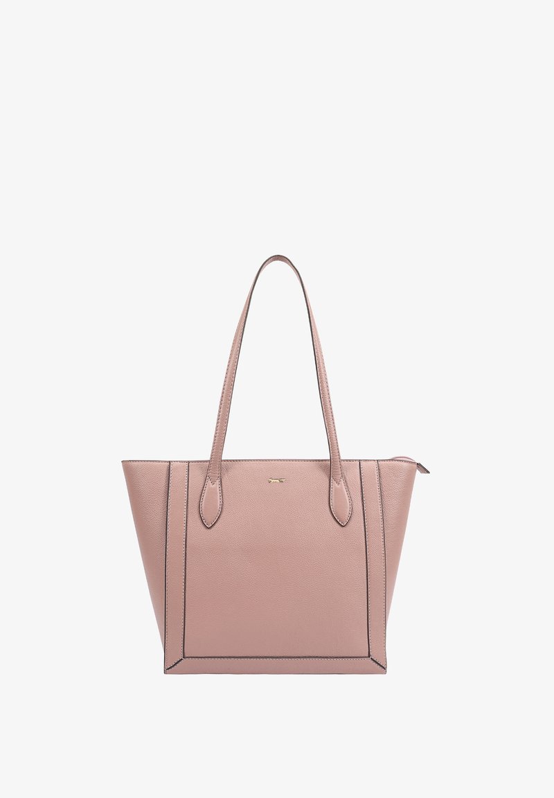 Sac fourre-tout en cuir rose avec de fines coutures sombres, deux poignées et une fermeture éclair. Design simple et structuré avec une texture lisse.
