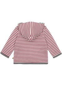 Felpa con cappuccio a righe rosa e bianca, con orlo grigio, texture morbida e maniche lunghe, dotata di un cappuccio a punta e fodera giocosa.