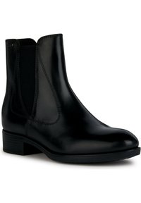 Stivale alla caviglia in pelle nera con pannelli elastici laterali, texture liscia, punta tonda e tacco basso a blocco, caratterizzato da cuciture dettagliate.
