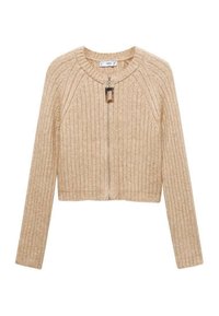 Cardigan corto beige, texture a coste, maniche lunghe, scollatura rotonda, zip frontale con zip rettangolare, dettagli di cucitura sottili.
