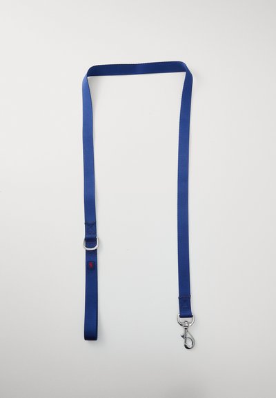 Guinzaglio per cani in nylon blu con un robusto gancio metallico e un anello a D. Presenta un colore uniforme e una texture liscia. Lunghezza adatta per varie taglie.