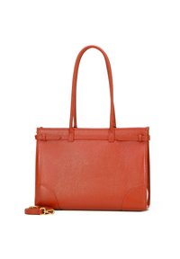 Czerwona skórzana torba na ramię z dwoma długimi uchwytami, gładką fakturą, prostokątnym kształtem i minimalistycznym designem. W zestawie regulowany pasek na ramię.