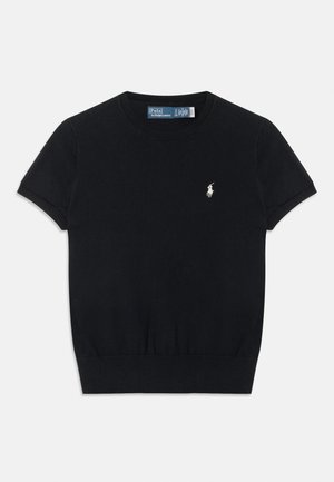 Black short-sleeve knit sweater with crew neck and white Polo Ralph Lauren logo embroidered on the left chest.
