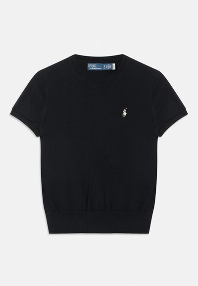 Black short-sleeve knit sweater with crew neck and white Polo Ralph Lauren logo embroidered on the left chest.