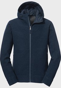Marineblaues Kapuzenjacke aus strukturiertem Stoff, mit Reißverschluss und kontrastierender Fütterung. Verfügt über Seitentaschen und ein dezentes Logo auf der Brust.