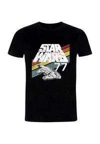 Černé bavlněné tričko s bílým a oprýskaným nápisem "STAR WARS 77" doplněné stylizovanou vesmírnou lodí a barevnými diagonálními pruhy.