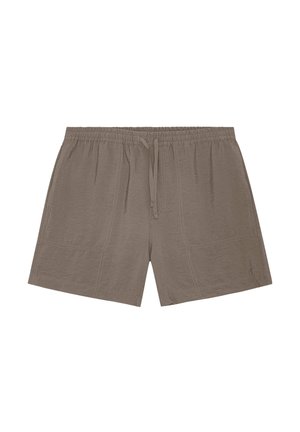 Braune Freizeithose mit elastischem Bund und Kordelzug, mit zwei aufgesetzten Vorderentaschen und geradem Saum.