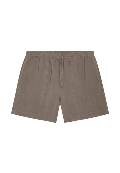 Shorts marron décontractés avec taille élastique et cordon, avec deux poches plaquées devant et ourlet droit.