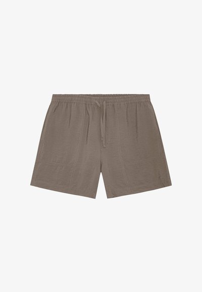 Shorts marron décontractés avec taille élastique et cordon, avec deux poches plaquées devant et ourlet droit.