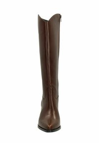 Botte en cuir marron, hauteur genou, avec un bout pointu, des coutures discrètes et une fermeture éclair sur le côté pour un enfilage facile. Finition lisse et design élancé.