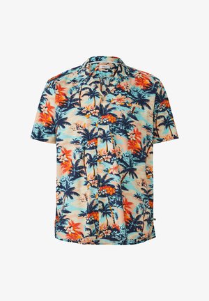 Korte mouwen overhemd met een tropische print met palmbomen en oranje, blauwe en beige bloemenpatronen.