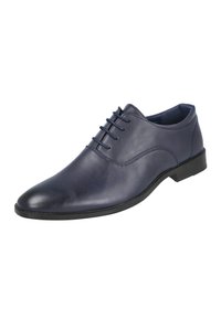 Zapato de vestir para hombre de cuero azul marino con cierre de cordones y suela negra, punta puntiaguda y tacón bajo.