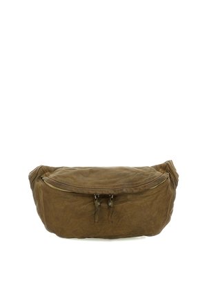 Marsupio in pelle marrone con una tasca frontale con cerniera e due piccoli tiralampo in pelle, mostrato su uno sfondo bianco.