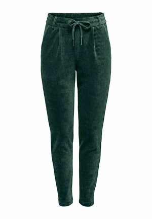 Pantaloni in corduroy verde con vita regolabile, caratterizzati da una texture a righe verticali e gambe affusolate.