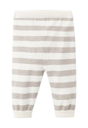 Gestreifte Babyhosen aus weichem, strukturiertem Stoff. Sie zeichnen sich durch abwechselnde horizontale Streifen in Hellbeige und Off-White aus und verfügen über einen elastischen Bund und Bündchen.