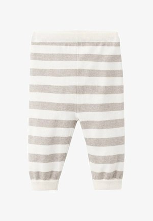 Gestreifte Babyhosen aus weichem, strukturiertem Stoff. Sie zeichnen sich durch abwechselnde horizontale Streifen in Hellbeige und Off-White aus und verfügen über einen elastischen Bund und Bündchen.
