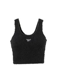 Svart avkortet tanktopp laget av teksturert, lodden materiale. Har rund halslinning og forsterkede kanter med en Reebok-logo foran.