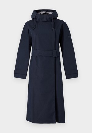 Navyblauwe regenjas met een hoge kraag, lange mouwen, een verstelbare capuchon en een ceintuur in de taille. Gemaakt van een glad, waterafstotend materiaal.