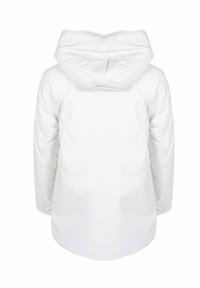 Giacca bianca con cappuccio, dalla texture liscia, caratterizzata da un taglio lungo e un design minimalista. Nessun hardware o decorazioni visibili.