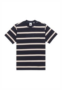 Marineblå T-shirt med lysebeige vandrette striber, korte ærmer og rund halsudskæring. Har et diskret "element" logo i matchende farve.