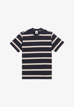 Navyblauwe t-shirt met lichtbeige horizontale strepen, korte mouwen en een ronde hals. Bevat een subtiel "element" logo in bijpassende kleur.