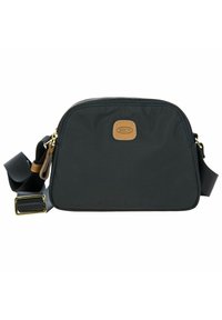Borsa a tracolla nera in nylon con forma arrotondata, patch in pelle color cuoio, cerniera dorata e tracolla in tessuto regolabile.