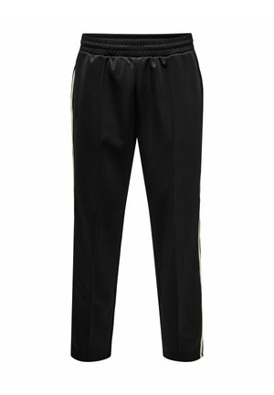 Zwarte joggingsbroek met elastische tailleband, zijkanten met contrasterende strepen, tapered fit, gladde textuur en zonder zichtbare hardware.