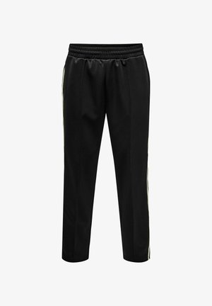 Mustandid mustad spordipüksid, elastse vöökoha, külgedel vastandvärvi triibud, kitsenev lõige, sile tekstuur ja ilma nähtavate detailideta.