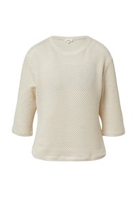Maglione aperto di un beige chiaro, con scollatura rotonda e maniche tre quarti. Texture morbida con un taglio loose e rilassato.