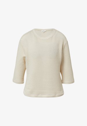 Helles Beige, offenes Strickoberteil mit rundem Ausschnitt und drei Viertelärmeln. Weiche Textur mit lockerer, lässiger Passform.