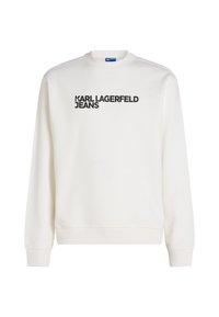 Felpa bianca in misto cotone, con polsini e orlo a coste, con testo stampato in nero "KARL LAGERFELD JEANS" sul davanti.