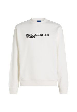 Fehér pamut keverék pulóver, bordázott mandzsettákkal és aljjal, elöl fekete nyomtatott "KARL LAGERFELD JEANS" felirattal.