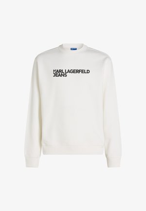 Fehér pamut keverék pulóver, bordázott mandzsettákkal és aljjal, elöl fekete nyomtatott "KARL LAGERFELD JEANS" felirattal.
