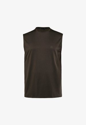 Brązowy bezrękawnik wykonany z gładkiej tkaniny, z okrągłym dekoltem i subtelnym logo z przodu. Brak widocznych szwów lub wzorów.