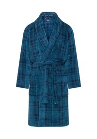 Turkusowy szlafrok w kratę, wykonany z miękkiego materiału, z przewiązywanym paskiem, kołnierzem typu szal oraz bocznymi kieszeniami. Wyszywane logo na piersi.
