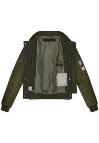 Olivovo zelená bombr jacket s vonkajším plášťom z vlnenej zmesi, saténovým interiérom, ribkovanými manžetami a viacerými vreckami na uskladnenie.