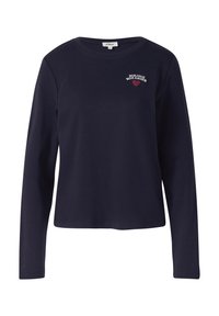 Marineblaues Langarmshirt aus weichem Stoff, mit aufgesticktem Text "Bonjour Mon Amour" und einem Herzdesign auf der linken Brust.