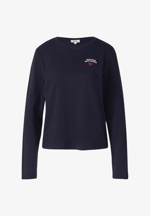 Jūrinės ilgomis rankovėmis marškiniai iš minkštos medžiagos, su išsiuvinėtu tekstu „Bonjour Mon Amour“ ir širdelės dizainu ant kairiojo krūtinės.