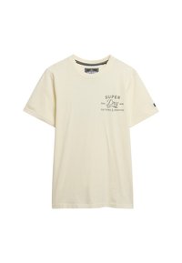 Camiseta de algodón color beige claro con mangas cortas, cuello redondo y logo impreso en gris oscuro con el texto "SUPER Dry" y "CUTTERS & MAKERS".