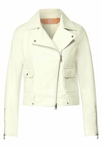 Veste de moto en simili cuir blanc avec un col cranté, une fermeture éclair asymétrique et deux poches frontales. Dispose de poignets zippés et de quincaillerie argentée.